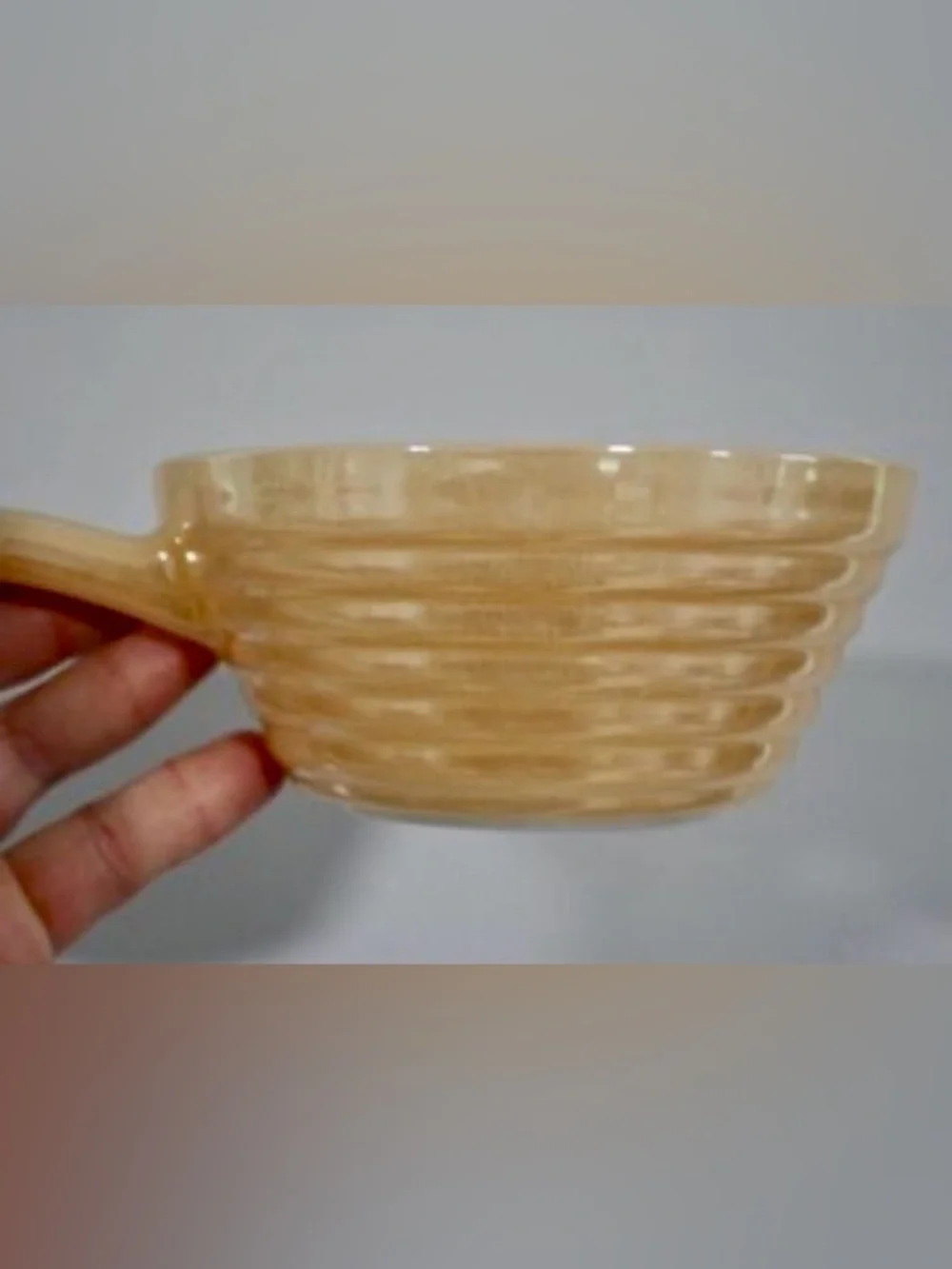Gorgeous Peach Luster Fire King Beehive Ribbed Set of 4 Handled Soup Bowls